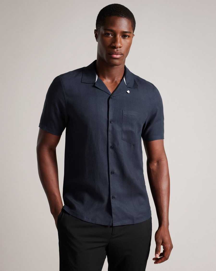 Ted Baker Wesland Short Sleeve Tencel Linen Revera Collar Shirt Navy | 04572-ALFK