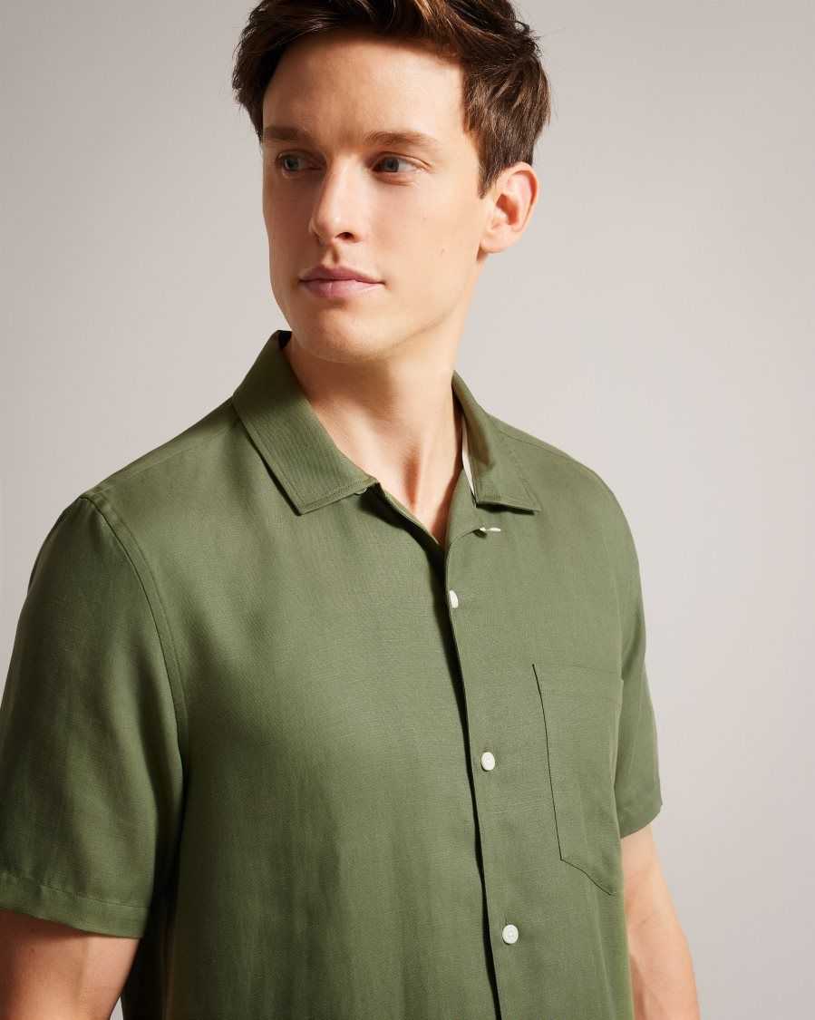 Ted Baker Wesland Short Sleeve Tencel Linen Revera Collar Shirt Olive | 05462-RNKA