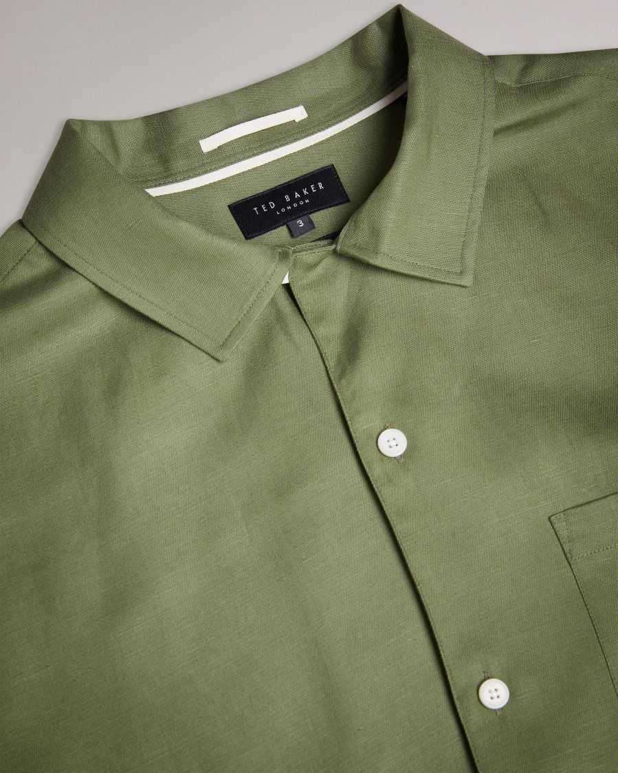 Ted Baker Wesland Short Sleeve Tencel Linen Revera Collar Shirt Olive | 05462-RNKA