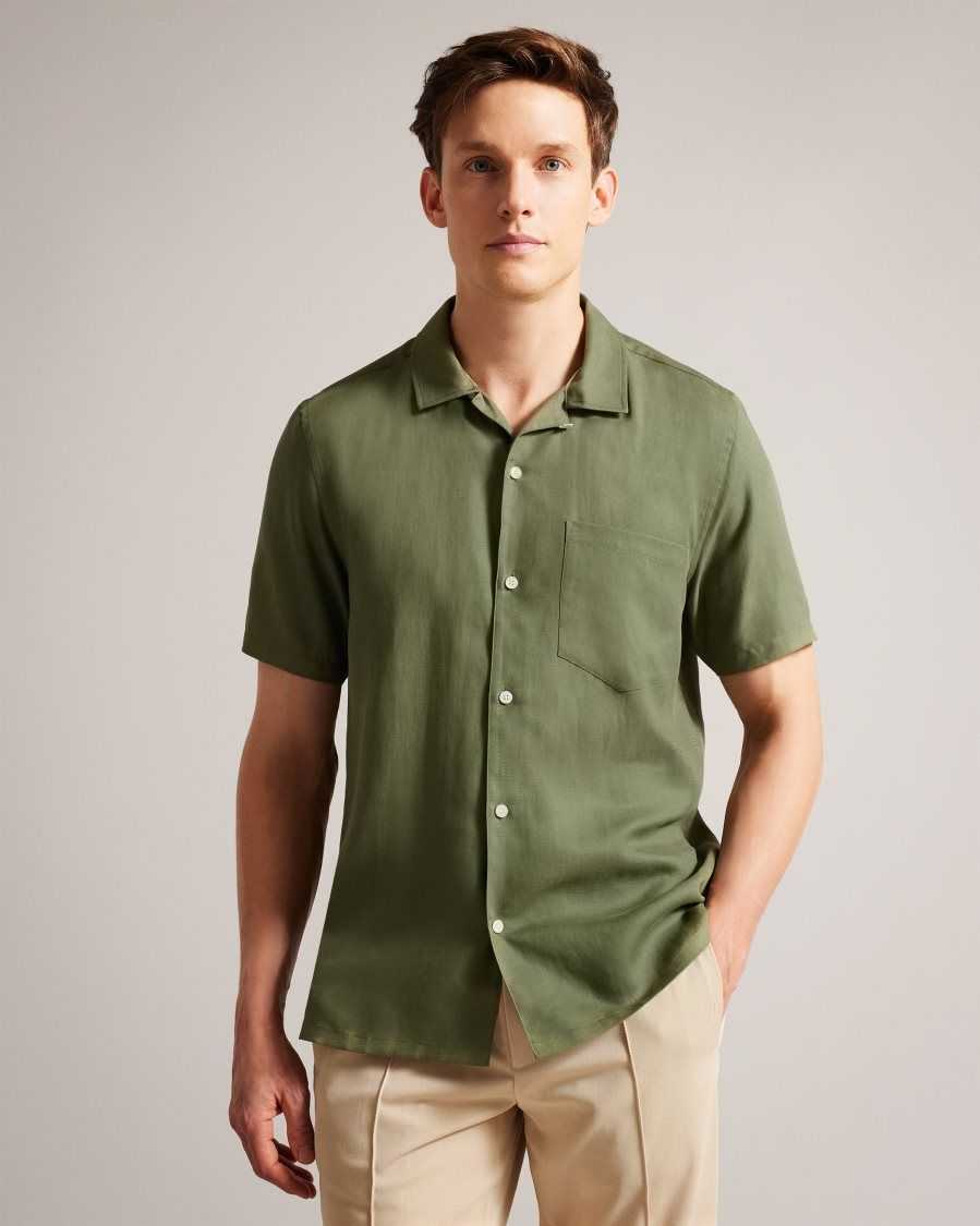 Ted Baker Wesland Short Sleeve Tencel Linen Revera Collar Shirt Olive | 05462-RNKA