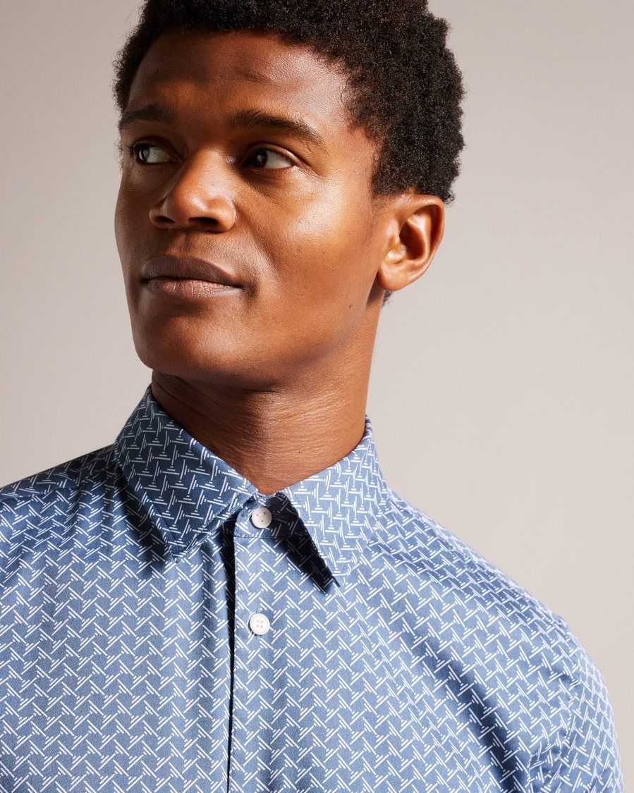 Ted Baker Willuw Long Sleeve Geometric Print Shirt Blue | 05781-GRSD