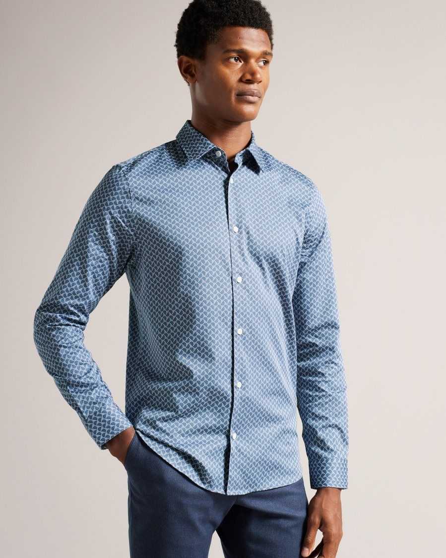 Ted Baker Willuw Long Sleeve Geometric Print Shirt Blue | 05781-GRSD