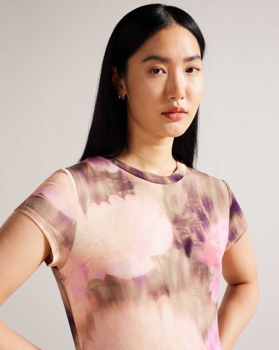 Ted Baker Yazmean Fitted Floral T-Shirt With Twisted Neck Coral | 50873-GFYQ