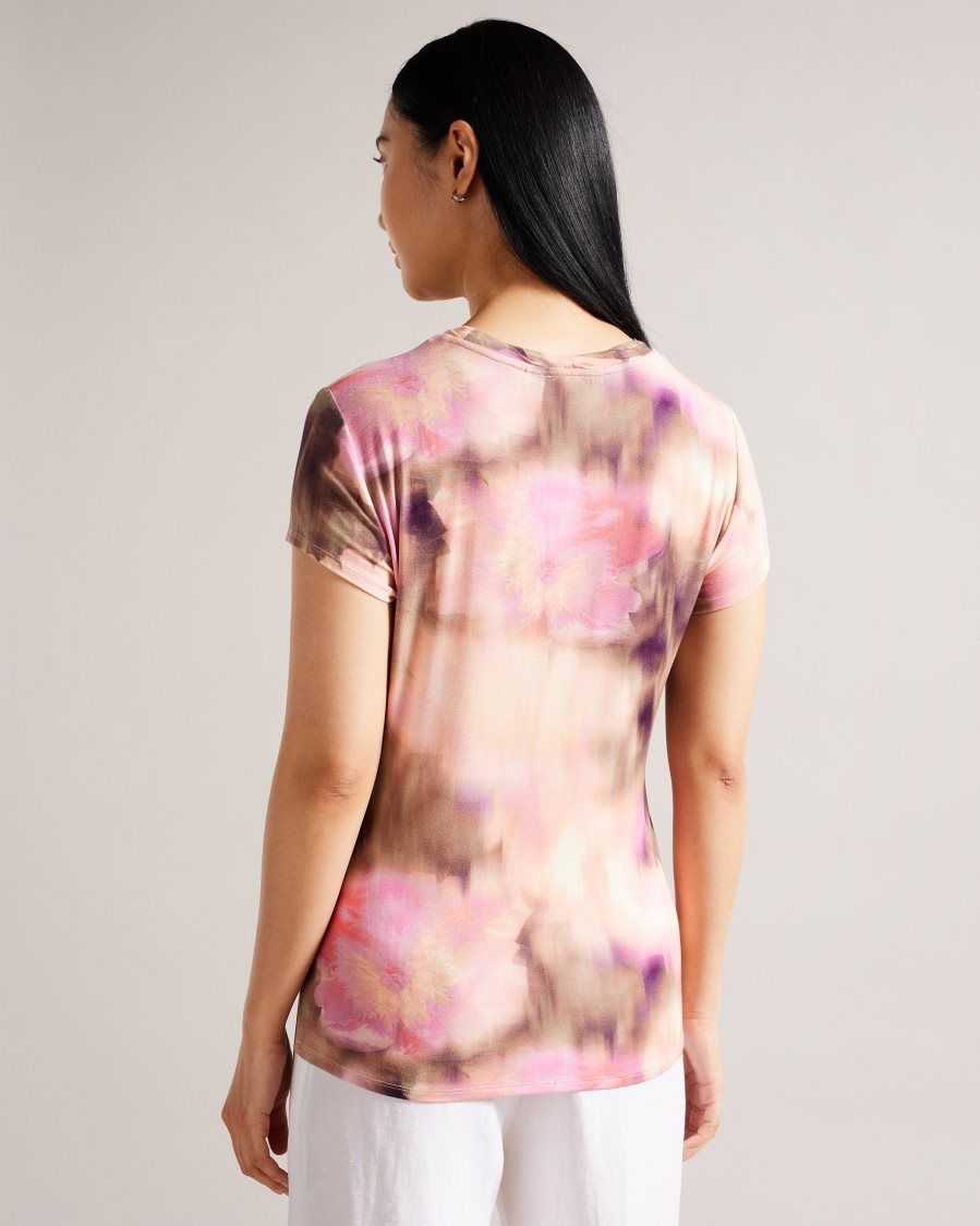 Ted Baker Yazmean Fitted Floral T-Shirt With Twisted Neck Coral | 50873-GFYQ