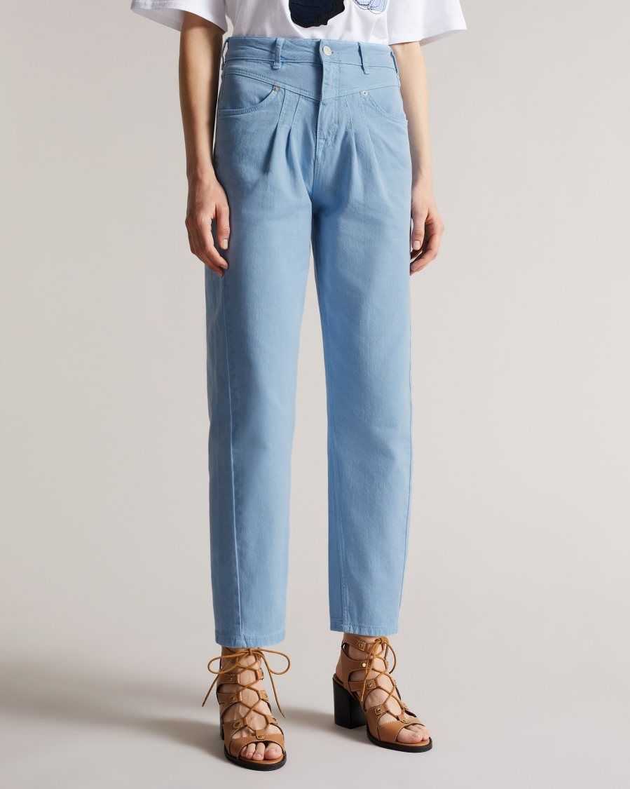 Ted Baker Zandin Barrel Leg Jeans With Front Yoke and Pleat Detail Light Wash | 21045-TQHV