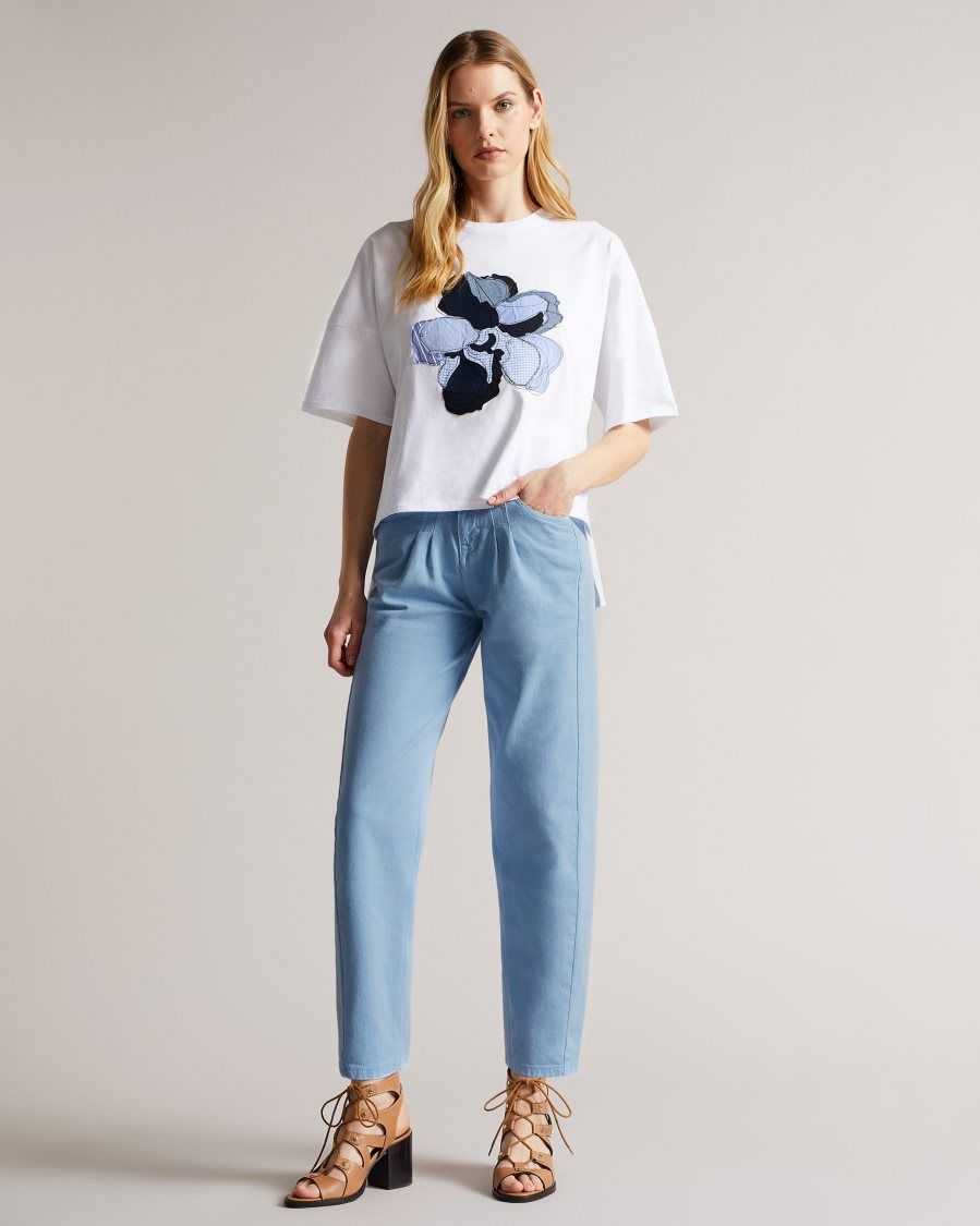 Ted Baker Zandin Barrel Leg Jeans With Front Yoke and Pleat Detail Light Wash | 21045-TQHV