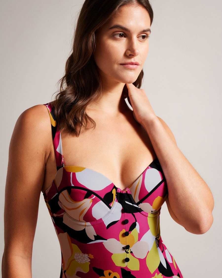 Ted Baker Zayly Floral Button Front Cupped Swimsuit Light Nude | 90426-BEUG