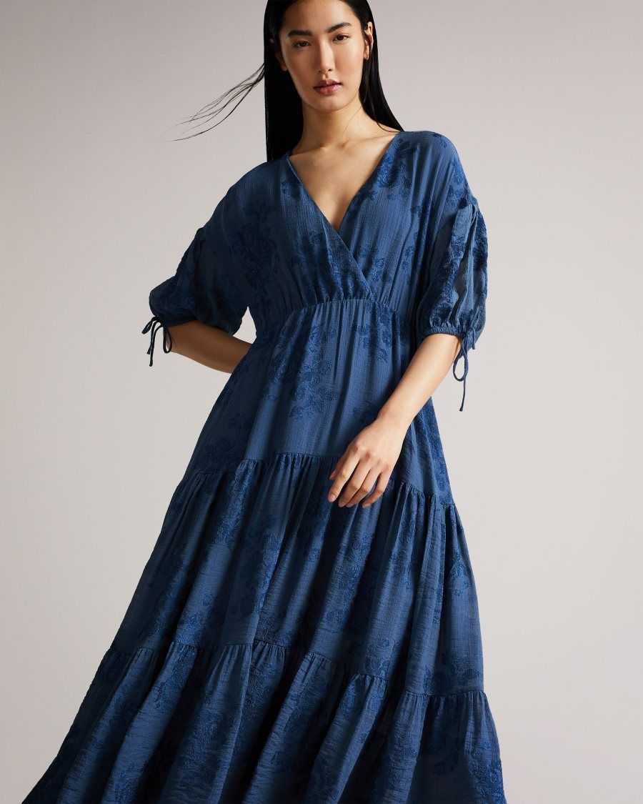 Ted Baker Zilda Puff Sleeve Wrap Front Midi Dress Blue | 87462-XTKV