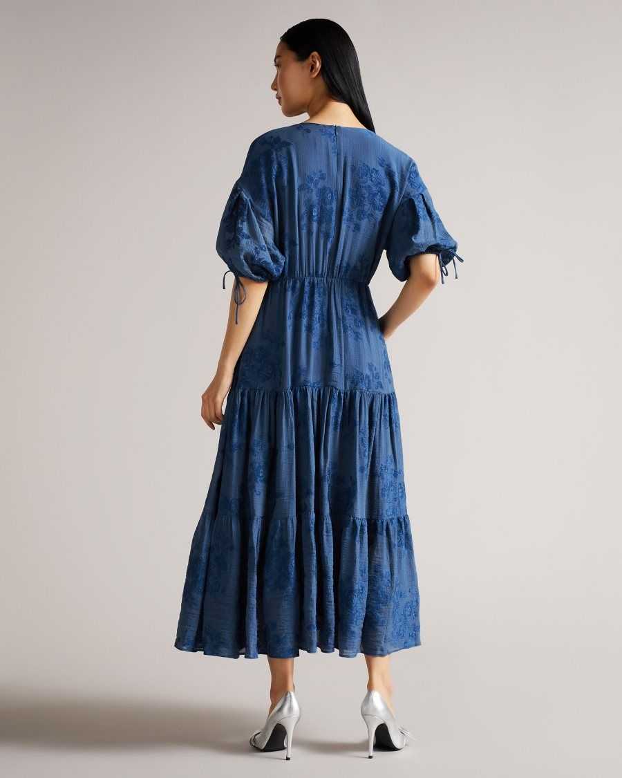 Ted Baker Zilda Puff Sleeve Wrap Front Midi Dress Blue | 87462-XTKV